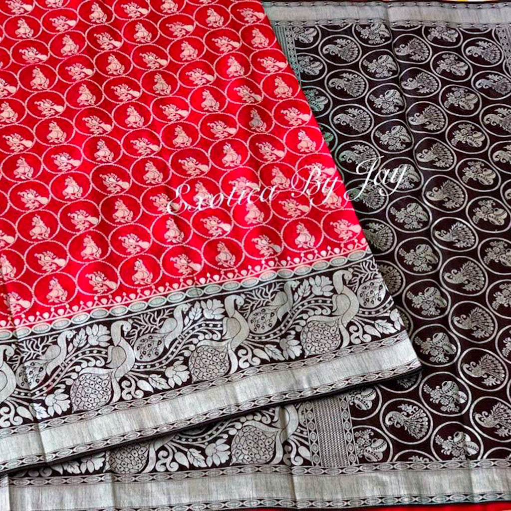 Red Semi Banarasi Jute Silk Saree with Black Border