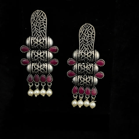 Trendy Modern Oxidized Silver Earring With Ruby red stones