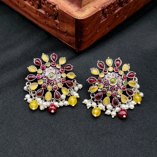 Yellow & Red Handpainted Meenakari Oxidized German Silver Necklace with Stud