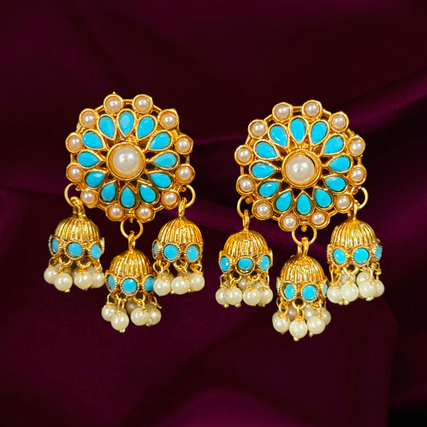 Turquoise Blue Stone Triple Jhumka Chaandbali Earring