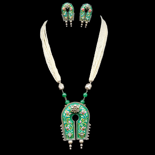 Green Handpainted Meenakari Oxidized German Silver Pearl Necklace Set