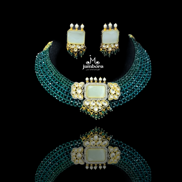 Green Crystal Hydrobeads Jaali Mesh Kundan Necklace set