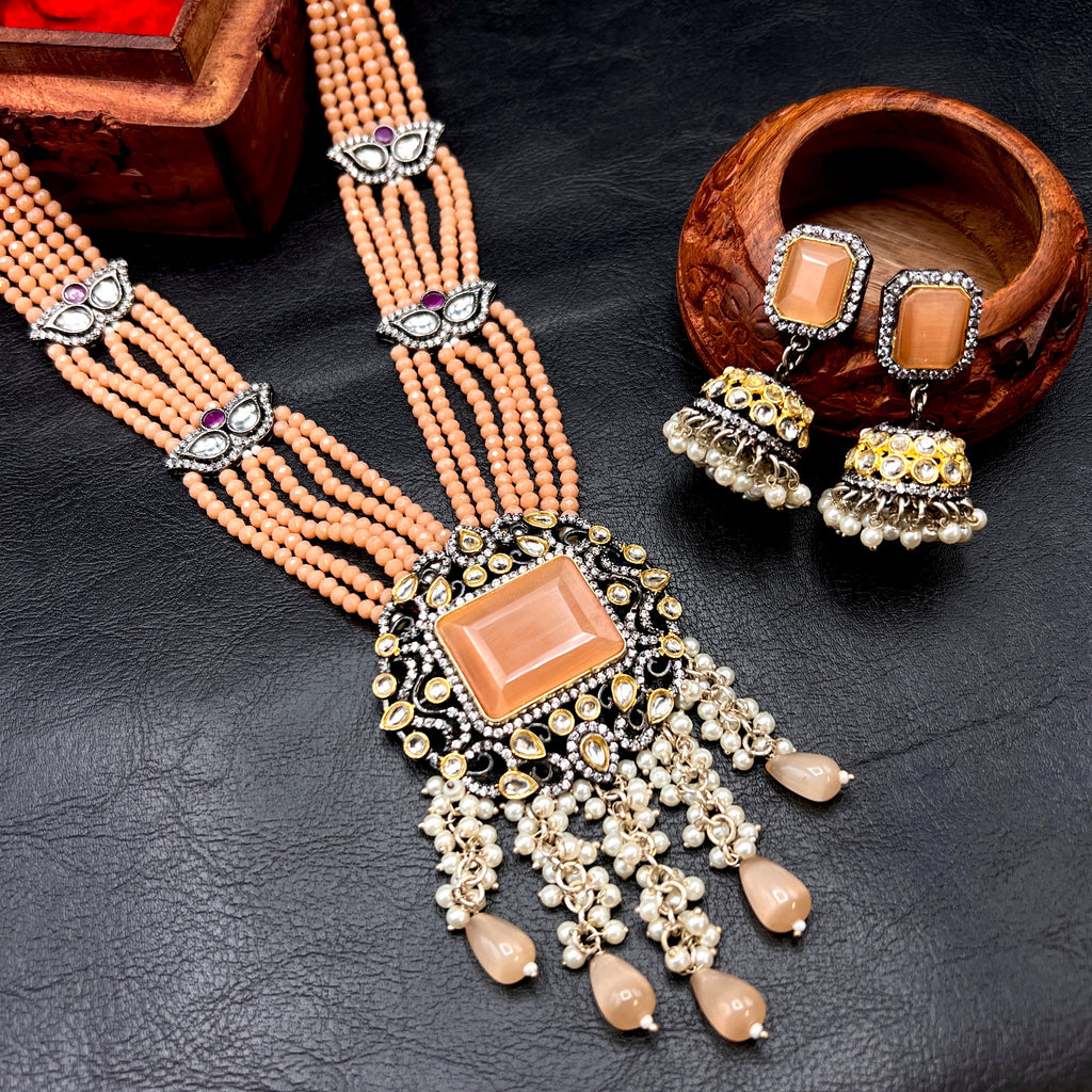 Handmade Victorian AD Kundan Peach Orange crystal beads Mala set