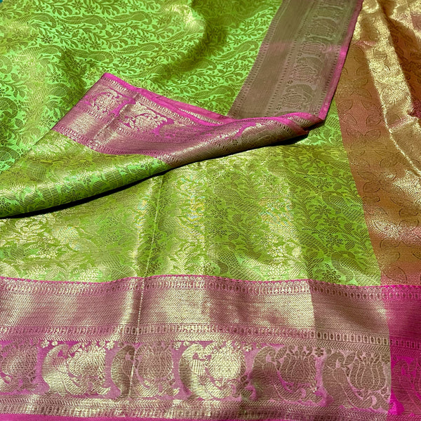 Green & Pink Banarasi Soft Tissue Silk Saree with Stitched Blouse