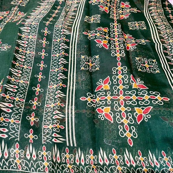 Dark Green Jute Cotton Rangoli Saree with Stitched Blouse