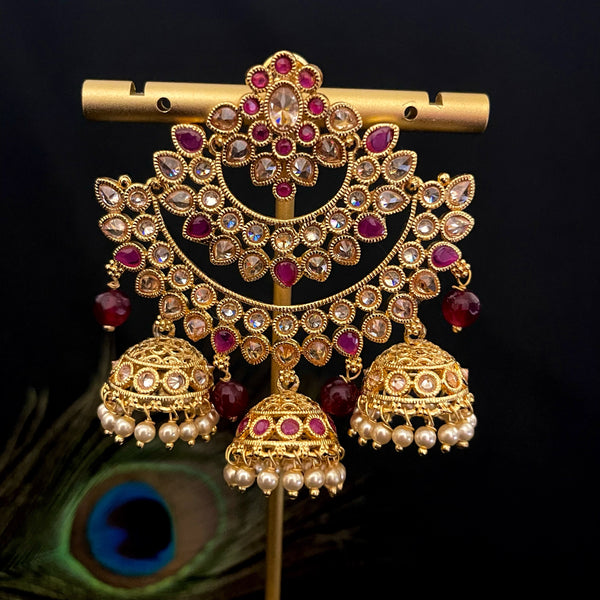 Polki LCD Champagne Stone Triple Jhumka Chaandbali Earring