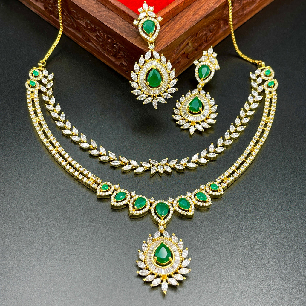 Two-Row AD (Zircon) CZ Necklace with Emerald Green and White Stones