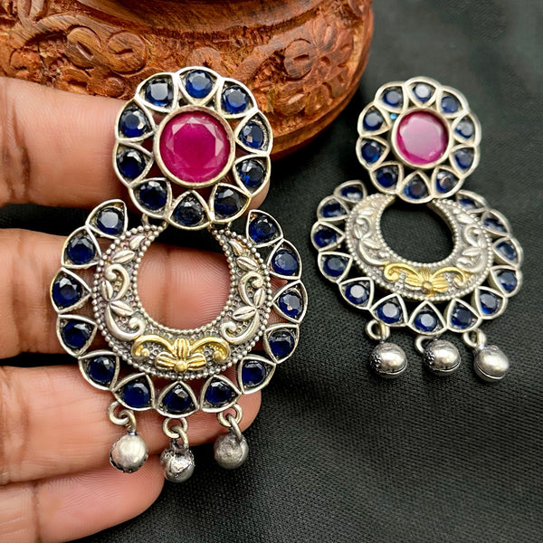 Sapphire Blue & Ruby Red German Silver Oxidized Chand-Bali Earring