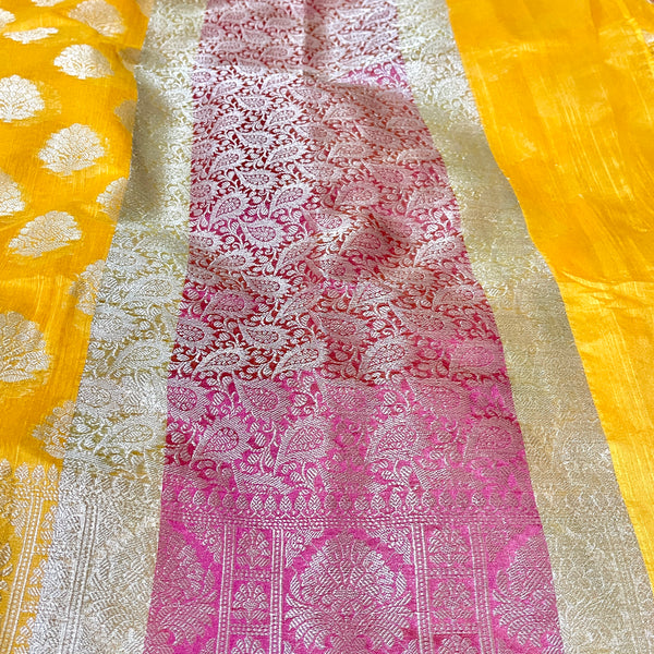 Yellow and pink Chanderi Silk Saree with Stitched blouse