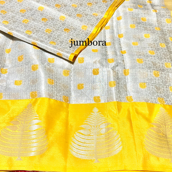 Silver White and Yellow Tissue Silk Saree with Blouse