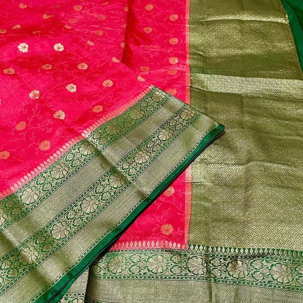 Red & Green Dupion Silk Banarasi Saree with stitched blouse