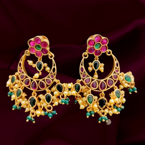 Matte Gold Red & Green Kemp Chaandbali Earring