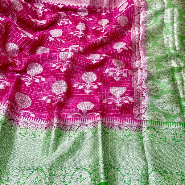 Pink & Green Banarasi Organza with Silver Zari Saree