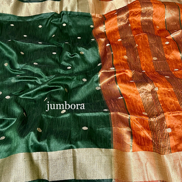 Bottle Green & Orange Jute Gicha Silk Saree