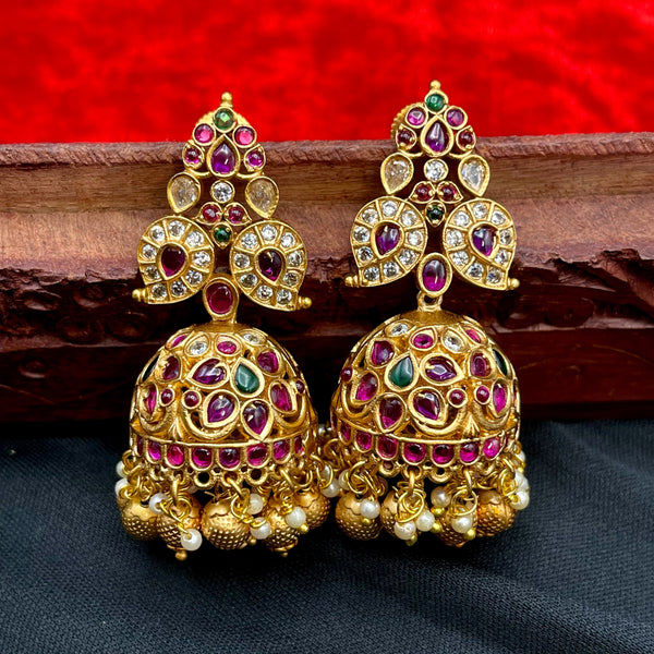 Traditional Kemp Mango Matte Gold Necklace with Jhumka