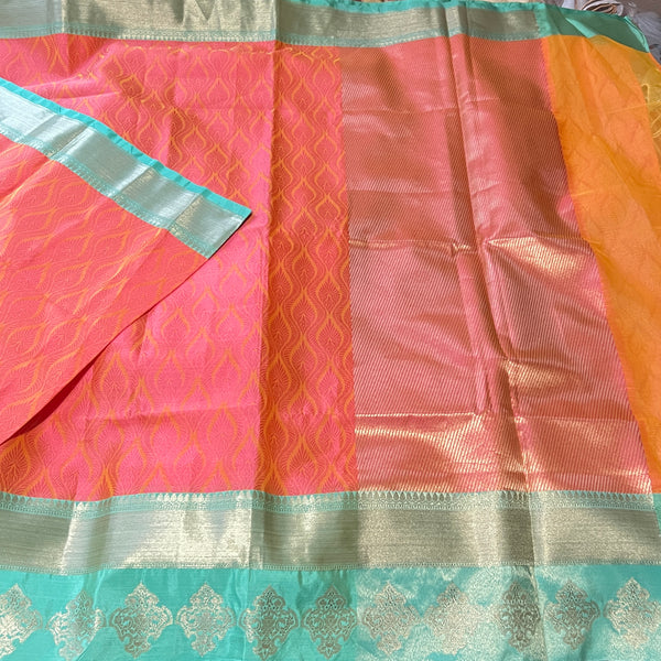 Pink & Mint Green Kora Tanchoi Silk Saree with Stitched Blouse