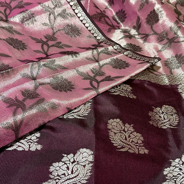 Designer Purple Pink & Black Silver Zari Banarasi Tissue Silk Saree with stitched Blouse