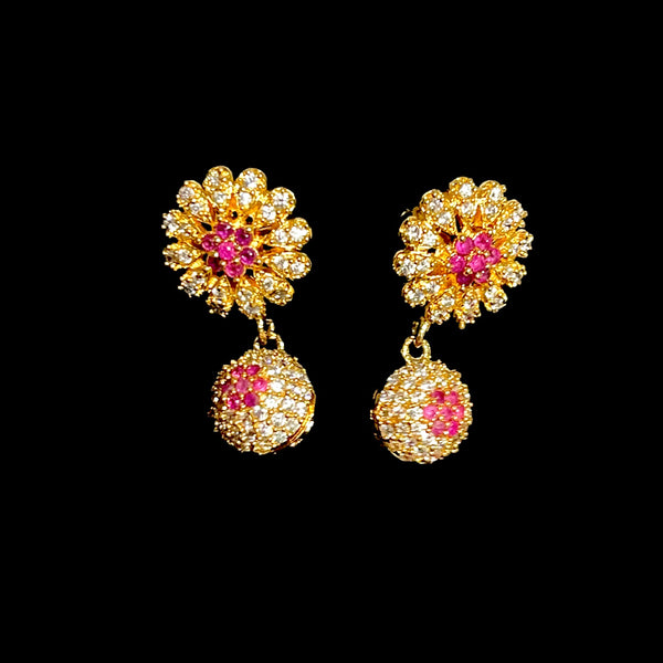 Floral AD Zircon Ball Earrings in Ruby Red, Green & White