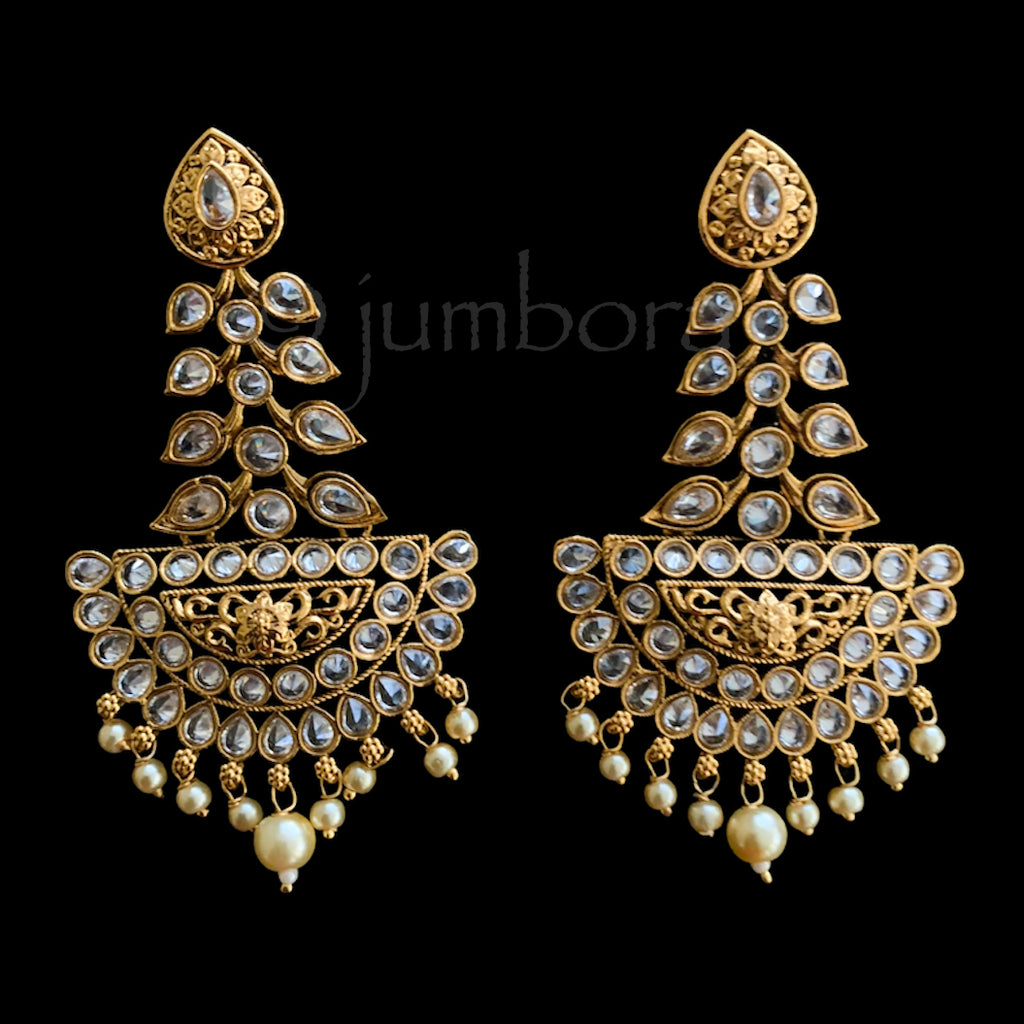 Antique Gold Long statement white Earrings