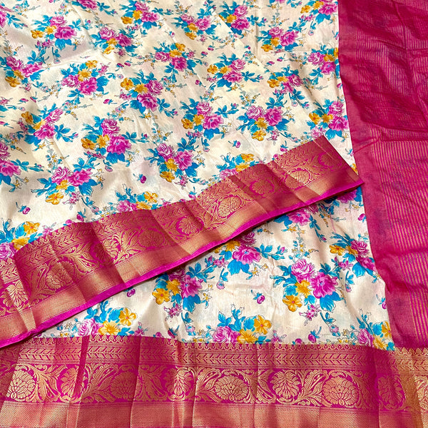 Pink Floral Kalamkari Printed Raw Silk Saree with stitched Blouse