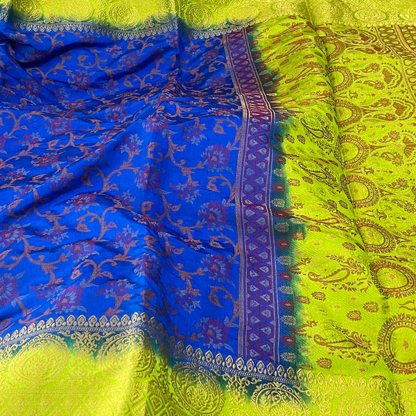 Royal Blue and Green Floral Embroidery Semi Banarasi Saree