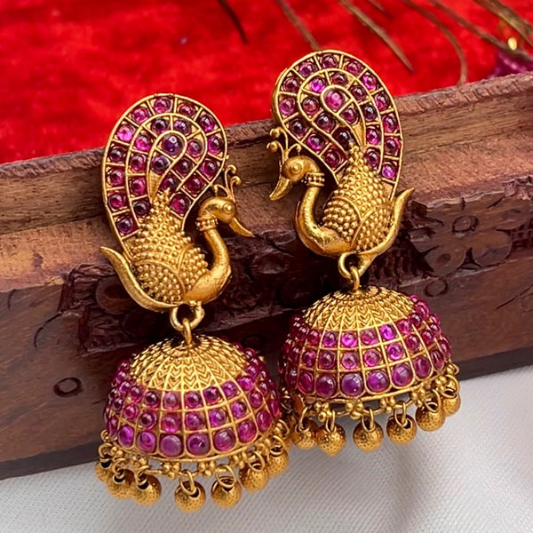 Peacock Matte Gold Kemp Jhumka Earring