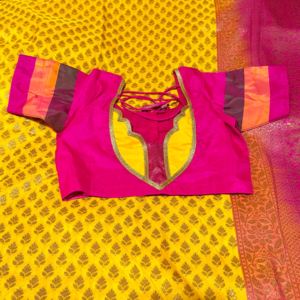 Mustard Yellow & Pink Handloom Banarasi Saree with Stitched Blouse