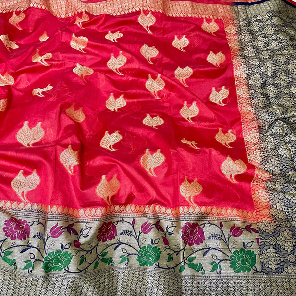 Red Semi Paithani Dupion Silk Saree with stitched Blouse