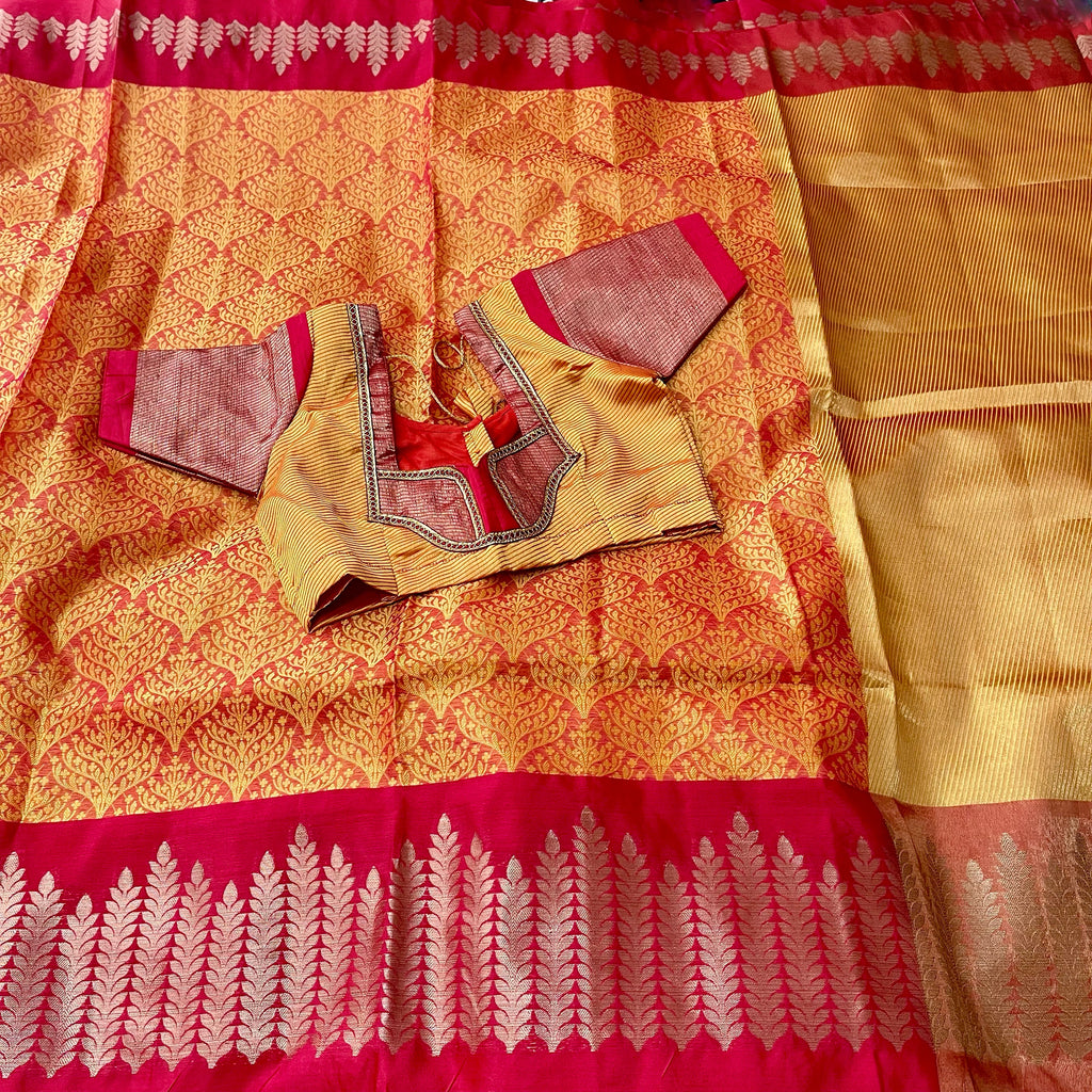 Temple Design Mustard Yellow and Red Banarasi Dupion Saree