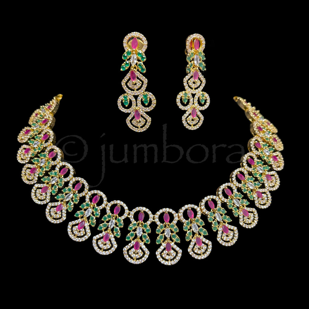 Ruby Red, Emerald Green, & White AD Zircon (CZ) Necklace set