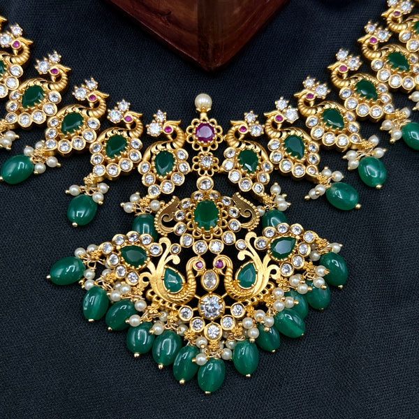 Premium Emerald Green & White AD Zircon Peacock Mango Necklace