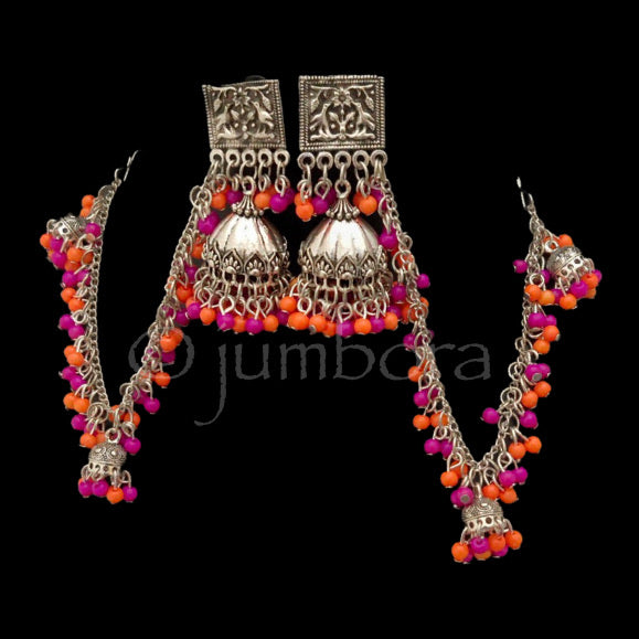 Multicolor Oxidized Silver Jhumka Earrings with Earchain