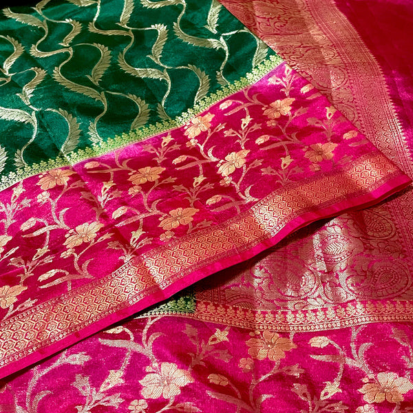 Bottle Green & Pink Designer Dupion Silk saree with blouse