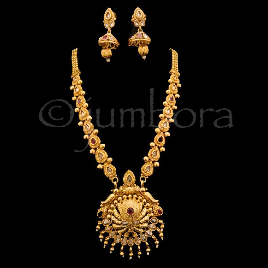 Long Antique Gold Haaram Necklace with Jhumka