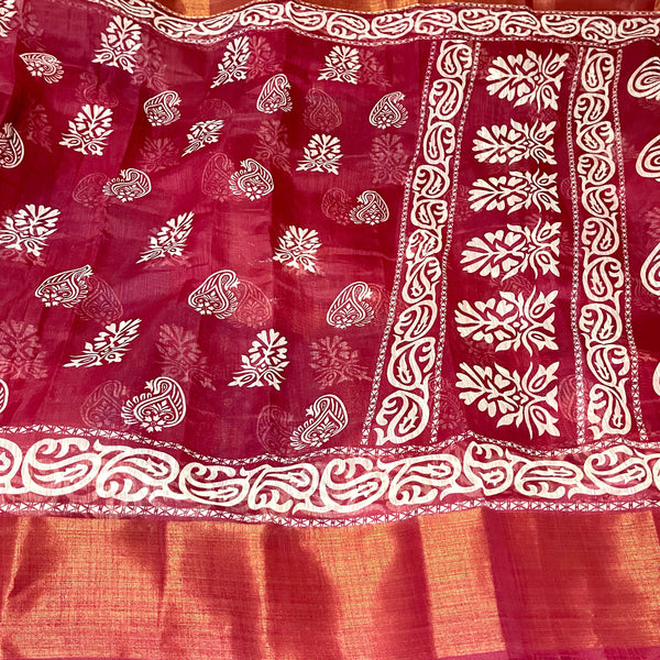 Burgandy Red Batik Print Soft Jute Cotton Saree with Stitched Blouse