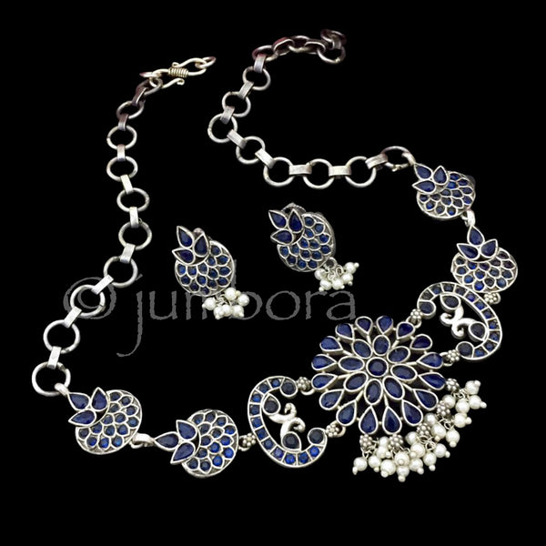 Sapphire Blue AD CZ Oxidized German Silver Choker Type Necklace