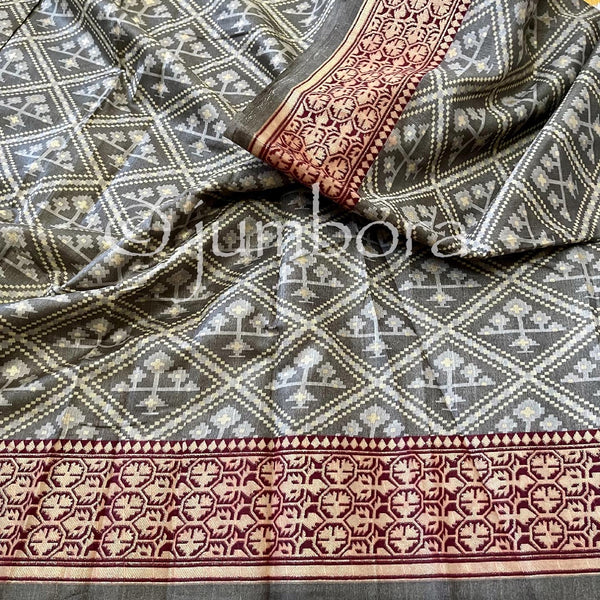 Grey Ikkat soft semi Jute cotton silk Saree