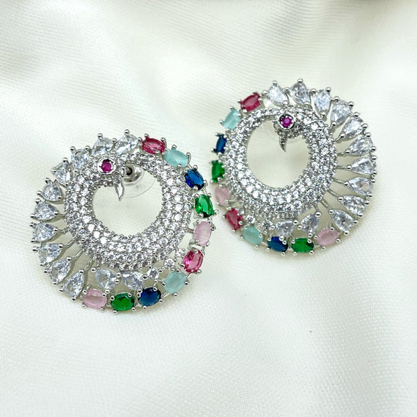 Multicolor Peacock AD Zircon White Gold Rhodium Finish Earring