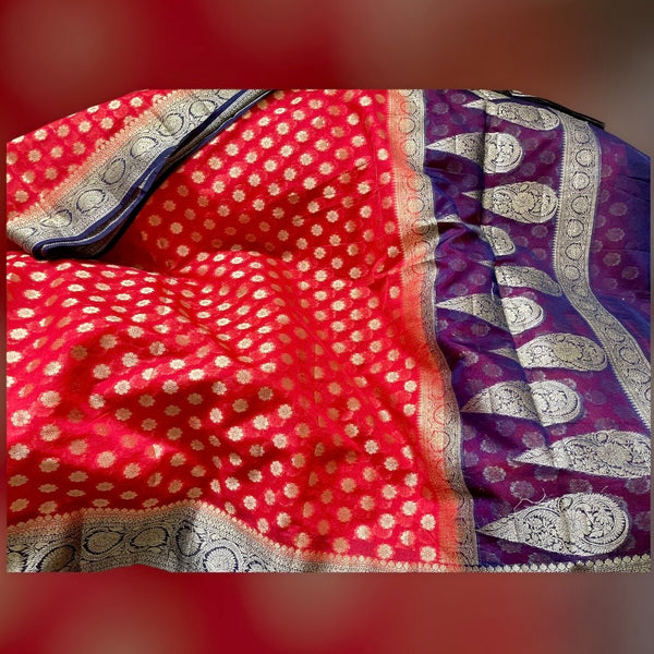 Red & Navy Blue Designer Banarsi Dupion Silk Banarasi Saree with stitched blouse