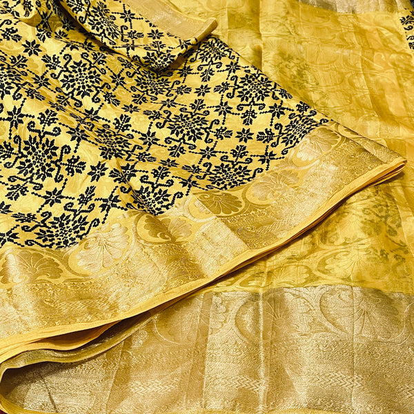 Yellow Printed Tusser Silk Saree with Stitched Blouse