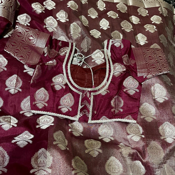 Burgandy Color Silver Zari South Tusser silk Saree with Stitched Blouse