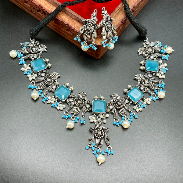 Oxidized German Silver Colored Stone Necklace Set