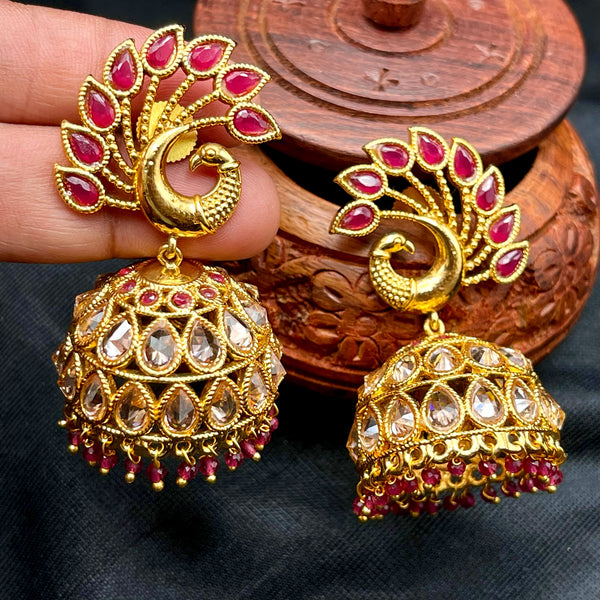 Peacock Ruby Red Polki LCD Jhumka Earring