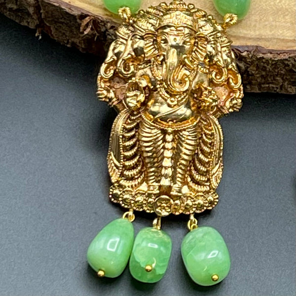 Handmade Panchamukha Ganesha Green Agate Beads Mala Necklace Set