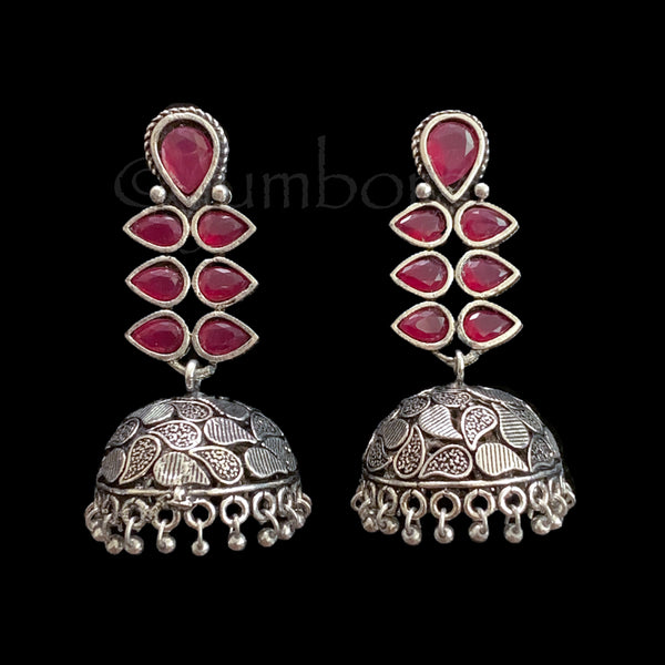 Oxidized German Silver Jhumka with Ruby red and Green