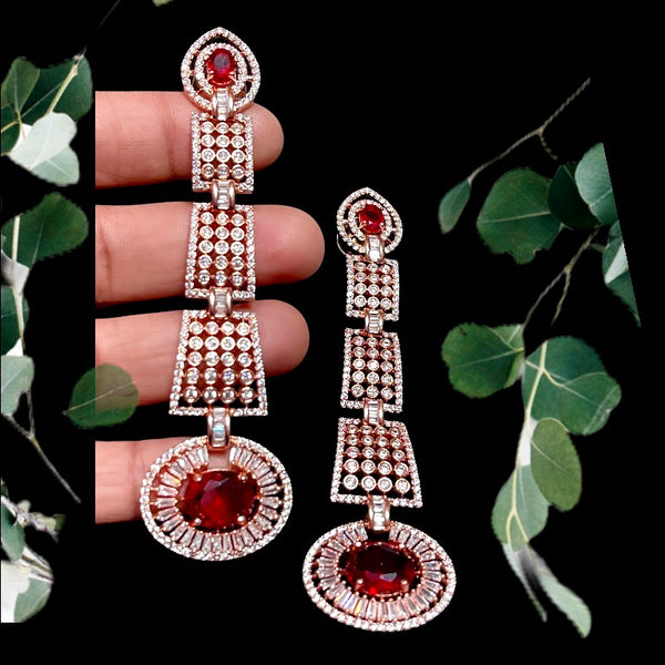 Statement Long Burgandy Red Rose-gold AD Zircon (CZ) Earring