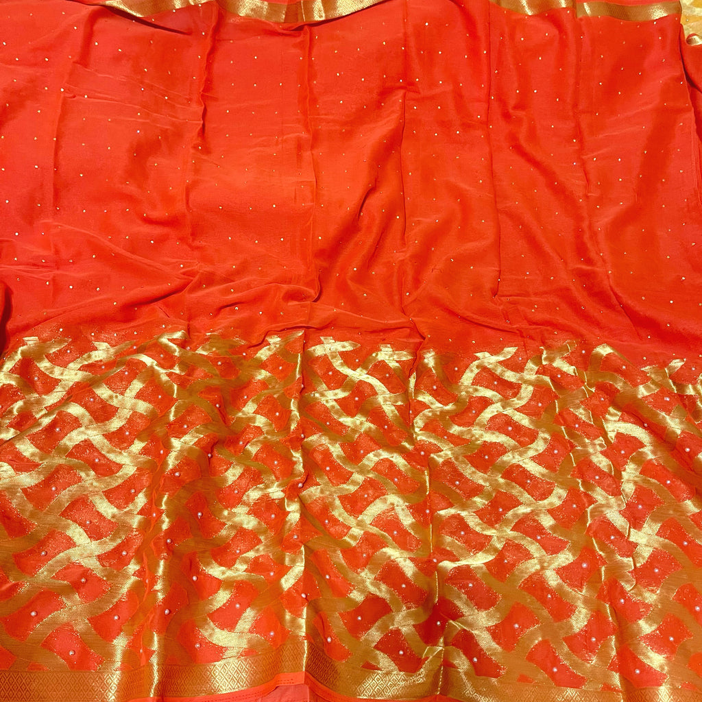 Orange Chiffon Saree with Zari and Pearl Work