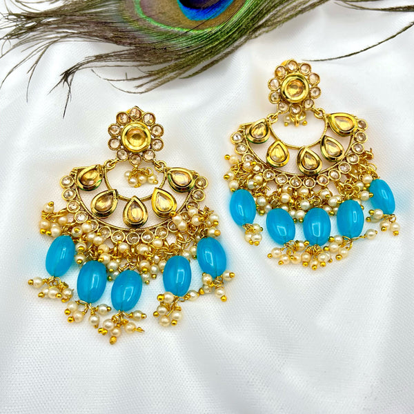 Blue Golden Kundan Polki Chandbali Earring