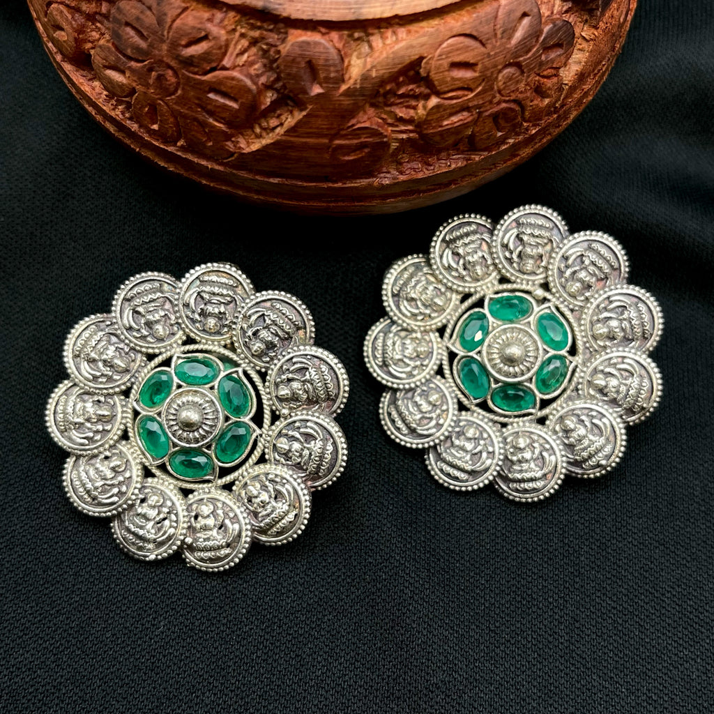 Lakshmi coin Green Oxidized German Silver Stud Earring