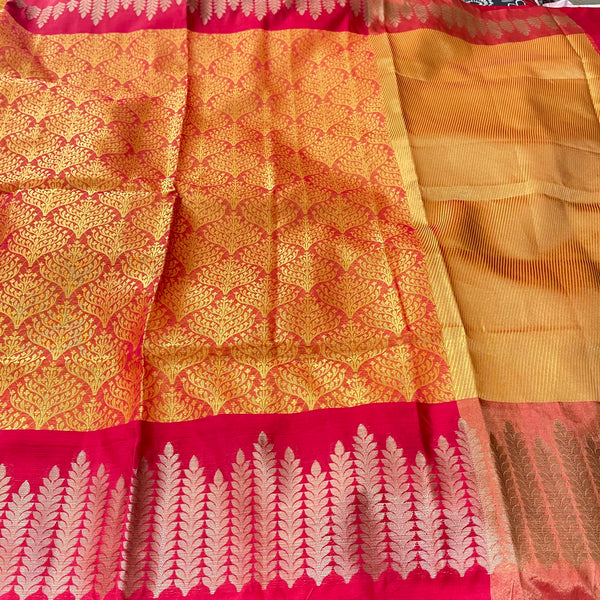 Temple Design Mustard Yellow and Red Banarasi Dupion Saree